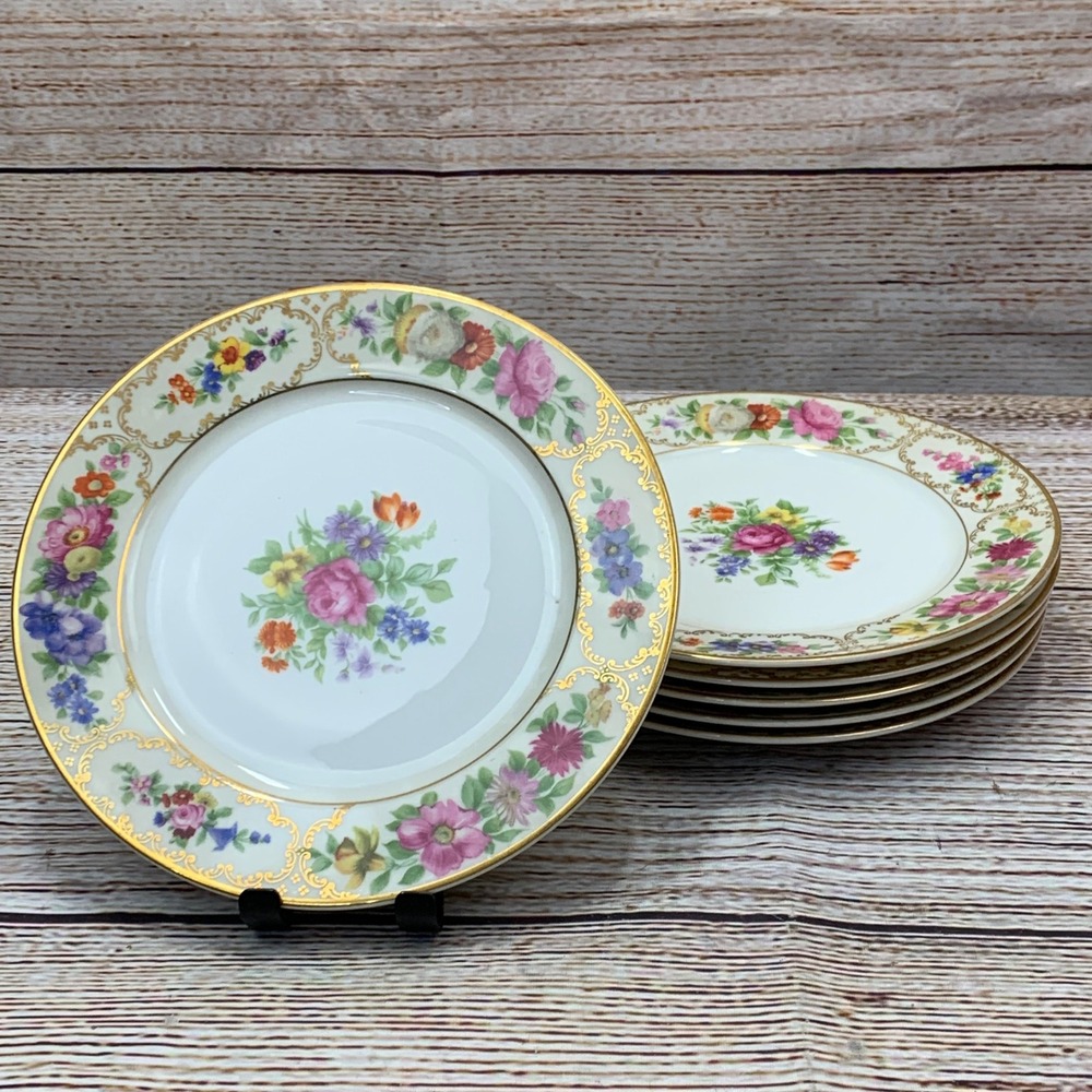 Rosen-Schiild‎ The Dresden 7.5" Plates Set of 6 Floral Gold Trim Bavaria USA
